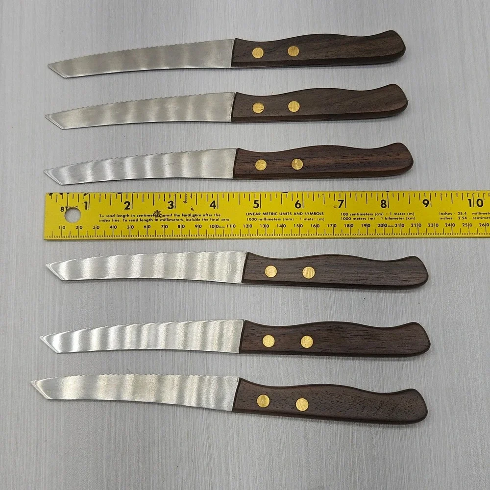 Vintage Stainless Japan Steak Knife Set 6 Wood Handle Brass Rivets Serrated MCM